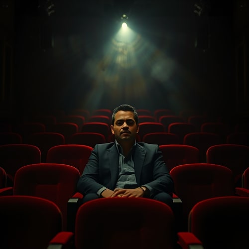 AI Design for A moody interior shot of the man sitting in the center of a dimly lit vintage cinema, rows of red velvet seats stretching behind him into shadow. A single projector beam cuts through the haze of dust particles, illuminating his face in half-light, leaving the rest in darkness. His posture is calm yet commanding, evoking the feel of a haunting arthouse film still in graphic designer