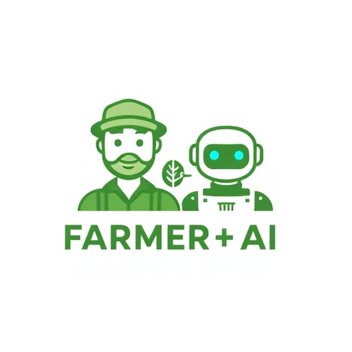 AI Design for A modern minimal logo combining a friendly farmer and an AI chatbot/robot. The farmer should be shown with simple traditional elements (cap or hat, crop/leaf symbol) and the AI bot should have a clean, futuristic look with soft glowing eyes or circuit patterns. Blend both into a unified symbol representing "human + AI partnership in farming". Use green and earthy tones with a touch of blue for the AI. Style: flat, professional, scalable, suitable for app icon and branding. FARMER+AI