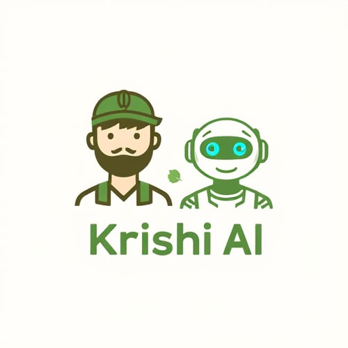 AI Design for A modern minimal logo combining a friendly farmer and an AI chatbot/robot. The farmer should be shown with simple traditional elements (cap or hat, crop/leaf symbol) and the AI bot should have a clean, futuristic look with soft glowing eyes or circuit patterns. Blend both into a unified symbol representing "human + AI partnership in farming". Use green and earthy tones with a touch of blue for the AI. Style: flat, professional, scalable, suitable for app icon and branding. TEXT TEXT IS KRISHI.AI 