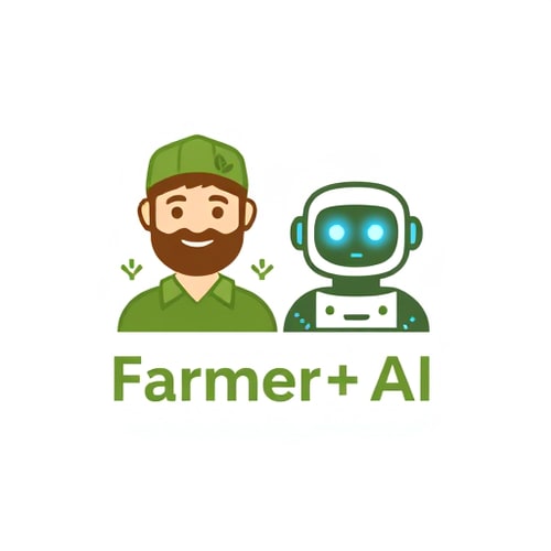 AI Design for A modern minimal logo combining a friendly farmer and an AI chatbot/robot. The farmer should be shown with simple traditional elements (cap or hat, crop/leaf symbol) and the AI bot should have a clean, futuristic look with soft glowing eyes or circuit patterns. Blend both into a unified symbol representing "human + AI partnership in farming". Use green and earthy tones with a touch of blue for the AI. Style: flat, professional, scalable, suitable for app icon and branding. FARMER+AI DO WANT TEXT TEXT IS KRISHI.AI MAKE IT GOOD