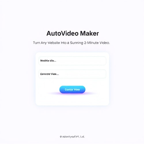 AI Design for Prompt:
Create a modern, visually appealing, and responsive web page UI called “AutoVideo Maker”.
Core Functionality:
The page should have two main input fields:
Brand Name (placeholder: “Enter your brand name”)
Website URL (placeholder: “https://example.com”
)
A Submit button labeled “Generate Video”.
When the user submits the form:
The page should simulate reading the entered website URL.
Then show a loading animation (AI wave, glowing circle, or morphing dots).
After that, display a preview card or video area that says:
“Analyzing site... generating 2-minute video...”
Finally, replace it with a message: “✅ Your 2-minute AI video is ready!” and a video preview placeholder box.
Design Requirements:
Theme: Sleek, futuristic, and minimalistic with a tech-inspired feel.
Color Palette: Use a distinct and vibrant color theme —
Gradient mix of #3278bd, #3dbeb7, #232323, with highlights of neon blue or teal.
Typography: Use clean, modern fonts like Poppins, Inter, or Urbanist.
Input Fields:
Glassmorphism style — soft transparency with light borders and shadows.
Rounded corners and smooth focus glow.
Button:
Gradient background, hover animation (scale + glow).
Animations:
Smooth hover effects using CSS transitions or Framer Motion.
Animated background elements (subtle motion gradient, glowing dots, or AI lines).
Background:
Use a modern AI-themed illustration or abstract gradient image (like circuits, neon waves, or 3D mesh).
Slight blur or glow for a premium look.
Layout:
Navbar: Minimal with logo text “AutoVideo.AI” on top.
Hero Section: Centered title and form box in the middle of the screen.
Title: “Turn Any Website Into a Stunning 2-Minute Video”
Subtext: “Enter your brand name and website URL — our AI will read your site and generate an engaging short video.”
Footer: Small text “© 2025 Sublimity Soft Pvt. Ltd.”
Tech Stack:
HTML + Tailwind CSS + basic JavaScript
Smooth animations (Framer Motion or CSS transitions)
Fully responsive for mobile and desktop.
Goal:
Deliver a clean, futuristic landing page that feels like an AI-powered tool interface, combining elegance, clarity, and cutting-edge aesthetics.