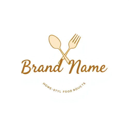 AI Design for Minimalist for a home-style food products brand named "Brand Name": a stylized spoon and fork crossed, light brown and cream, handwritten script font. Design a modern and rustic, with clean lines and organic shapes, and a white background.