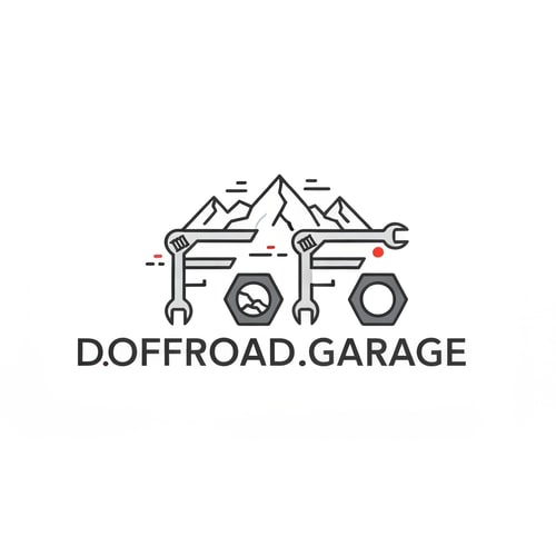AI Design for Design a clean, linear, and minimal typographic logo for a car garage specialized in offroad tuning and vehicle customization, named “Doctor.Offroad.Garage”.
Integrate a simple linear illustration of mountains and rocks into the design to symbolize offroad adventure and rugged terrain.
The logo should have sharp, angular, and rugged linework, with a bold monoline vector style.
Incorporate mechanical elements such as nuts, bolts, and wrench heads subtly within the typography, especially integrating them into the design of the two “F” letters, whose tops should be shaped like wrench heads.
Use metallic tones such as dark gray, steel silver, and small orange or red accents to create an industrial and offroad atmosphere.
The overall composition should feel powerful yet minimal — clean lines, geometric structure, flat (no shadows), transparent background, vector-style design suitable for car decals, garage signage, and brand identity.