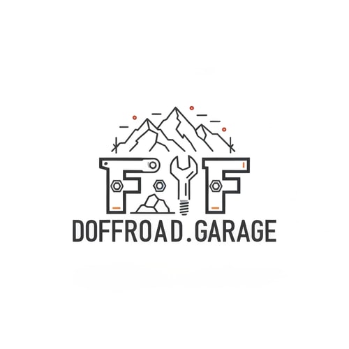 AI Design for Design a clean, linear, and minimal typographic logo for a car garage specialized in offroad tuning and vehicle customization, named “Doctor.Offroad.Garage”.
Integrate a simple linear illustration of mountains and rocks into the design to symbolize offroad adventure and rugged terrain.
The logo should have sharp, angular, and rugged linework, with a bold monoline vector style.
Incorporate mechanical elements such as nuts, bolts, and wrench heads subtly within the typography, especially integrating them into the design of the two “F” letters, whose tops should be shaped like wrench heads.
Use metallic tones such as dark gray, steel silver, and small orange or red accents to create an industrial and offroad atmosphere.
The overall composition should feel powerful yet minimal — clean lines, geometric structure, flat (no shadows), transparent background, vector-style design suitable for car decals, garage signage, and brand identity.