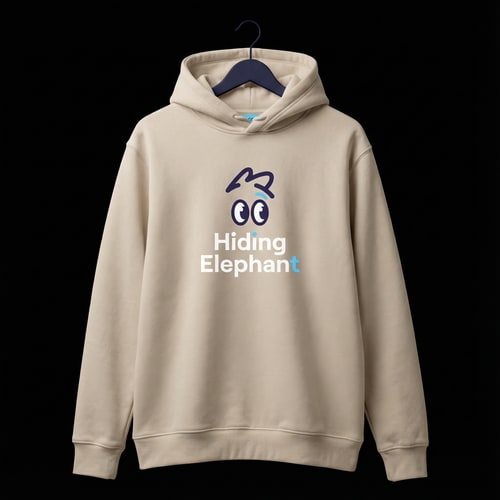AI Design for A high-quality realistic streetwear hoodie mockup, light beige / off-white hoodie on a pure black background.
Minimal premium branding for a tech-style brand called “Hiding Elephant”.
The logo features playful cartoon eyes and a handwritten-style abstract elephant line mark, placed subtly on the chest.
Clean typography, modern sans-serif, balanced spacing, no oversized graphics.
Brand color palette: soft sky blue, white, dark navy accents.
Fabric texture clearly visible, realistic cotton fleece material, soft folds, natural shadows.
Studio lighting, centered composition, front view, no people, no text mockup placeholders.
Modern startup merch aesthetic, calm, friendly, trustworthy, minimalist branding.