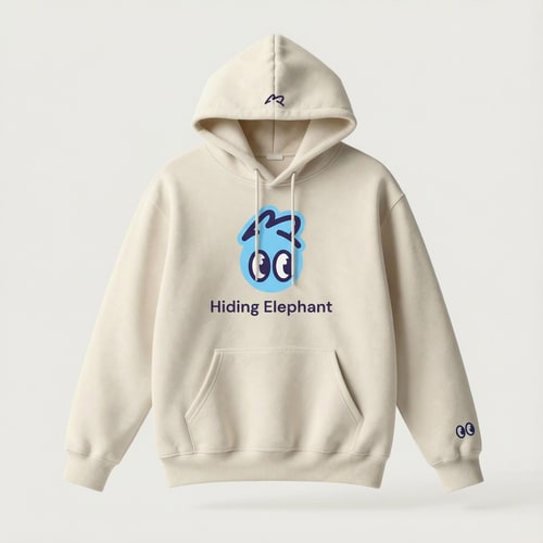 AI Design for Ultra realistic studio product photo of a beige oversized hoodie, front-facing, no model.
Premium cotton fabric, soft texture, natural folds, high-quality stitching,
fashion e-commerce style, clean and minimal.
Apply full “Hiding Elephant” branding to the hoodie:
— Main chest branding:
centered playful eye icon inspired by the Hiding Elephant logo,
rounded friendly cartoon eyes with a small eyebrow above,
printed in soft sky blue and deep navy.
— Brand name:
“Hiding Elephant” placed under the icon in clean modern sans-serif typography,
balanced spacing, subtle and confident.
— Secondary branding details:
small eye icon embroidered near the left sleeve cuff,
tiny eyebrow graphic on the back near the neck collar,
minimal and tasteful.
Branding style:
friendly, smart, playful but premium,
not childish, not loud, modern startup streetwear.
Printing style:
high-quality screen print and embroidery mix,
ink integrated naturally into fabric.
Lighting:
soft diffused studio light,
gentle shadows, realistic depth.
Background:
light neutral studio background (off-white / light gray),
no texture, no gradients.
Ultra realistic product mockup,
fashion brand presentation,
sharp focus, high detail, professional photography.