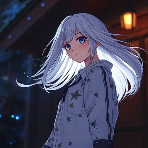 AI Design for Imagine a breathtaking scene of a two young anime girls with felco haircuts,(Here's the image of the anime-style character with flowing hair, looking at it in a magical, fantasy setting. Let me know if you'd like any adjustments!) her hair side parting with straightened hair style, windblown, pure white anime-style hair glowing brightly against the pure dark midnight. She stands with an over-the-shoulder glance, her ,expression a mix of and gentle allure, perfectly captured in a cozy, rustic cottage house. The setting is her charming hometown, adding an intimate, nostalgic touch.The photoshoot is rich in detail, showcasing her in an oversized shirt that adds a touch of casual elegance and undeniable cuteness. The shirt, too large for her frame has playful, adorable patterns, making her look endearingly charming. Illuminated by dynamic lighting, the surrounding darkness enhances the dramatic, cinematic quality of the shot, reminiscent of a film still with dark cinematic color grading. The low angle and tilt-shift effect create a stunning composition, with fine details rendered in 4K HD+.She embodies a powerful, mysterious presence, channeling the aura of Nier Automata's 2B. The scene is realistic yet ethereal, with light leaks and god rays adding a dreamy, heavenly quality. Close-up shots highlight her vibrant, glowing white hair, making her appear otherworldly. Whitesh tint.