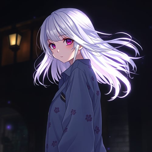 AI Design for Imagine a breathtaking scene of a two young anime girls with felco haircuts,(Here's the image of the anime-style character with flowing hair, looking at it in a magical, fantasy setting. Let me know if you'd like any adjustments!) her hair side parting with straightened hair style, windblown, pure white anime-style hair glowing brightly against the pure dark midnight. She stands with an over-the-shoulder glance, her ,expression a mix of and gentle allure, perfectly captured in a cozy, rustic cottage house. The setting is her charming hometown, adding an intimate, nostalgic touch.The photoshoot is rich in detail, showcasing her in an oversized shirt that adds a touch of casual elegance and undeniable cuteness. The shirt, too large for her frame has playful, adorable patterns, making her look endearingly charming. Illuminated by dynamic lighting, the surrounding darkness enhances the dramatic, cinematic quality of the shot, reminiscent of a film still with dark cinematic color grading. The low angle and tilt-shift effect create a stunning composition, with fine details rendered in 4K HD+.She embodies a powerful, mysterious presence, channeling the aura of Nier Automata's 2B. The scene is realistic yet ethereal, with light leaks and god rays adding a dreamy, heavenly quality. Close-up shots highlight her vibrant, glowing white hair, making her appear otherworldly. Whitesh tint.