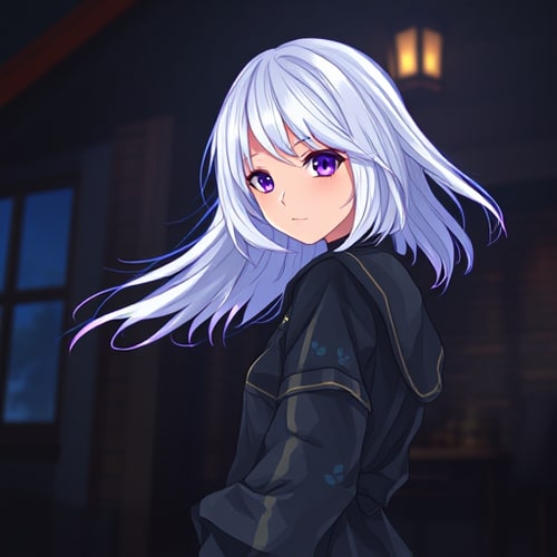 AI Design for Imagine a breathtaking scene of a two young anime girls with felco haircuts,(Here's the image of the anime-style character with flowing hair, looking at it in a magical, fantasy setting. Let me know if you'd like any adjustments!) her hair side parting with straightened hair style, windblown, pure white anime-style hair glowing brightly against the pure dark midnight. She stands with an over-the-shoulder glance, her ,expression a mix of and gentle allure, perfectly captured in a cozy, rustic cottage house. The setting is her charming hometown, adding an intimate, nostalgic touch.The photoshoot is rich in detail, showcasing her in an oversized shirt that adds a touch of casual elegance and undeniable cuteness. The shirt, too large for her frame has playful, adorable patterns, making her look endearingly charming. Illuminated by dynamic lighting, the surrounding darkness enhances the dramatic, cinematic quality of the shot, reminiscent of a film still with dark cinematic color grading. The low angle and tilt-shift effect create a stunning composition, with fine details rendered in 4K HD+.She embodies a powerful, mysterious presence, channeling the aura of Nier Automata's 2B. The scene is realistic yet ethereal, with light leaks and god rays adding a dreamy, heavenly quality. Close-up shots highlight her vibrant, glowing white hair, making her appear otherworldly. Whitesh tint.