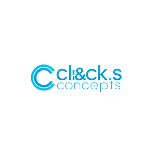 AI Design for Act as a highly experienced graphic designer with 25 years of expertise in creating logos for startups. Design a logo for 'Clicks & Concepts,' an event management company specializing in private birthdays, corporate events, and photoshoots. The logo should combine a Wordmark and logo mark highligting the Letters C, &, C to reflect the startup's dynamic identity. Use sky blue as the primary color, and suggest a complementary color combination that works well with it. Focus on a vibrant color palette that appeals to younger audiences. The design should balance playfulness with professionalism to resonate with both corporate and private clients.