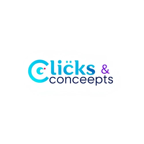 AI Design for Act as a highly experienced graphic designer with 25 years of expertise in creating logos for startups. Design a logo for 'Clicks & Concepts,' an event management company specializing in private birthdays, corporate events, and photoshoots. The logo should combine a Wordmark and logo mark to reflect the startup's dynamic identity. Use sky blue as the primary color, and suggest a complementary color combination that works well with it. Focus on a vibrant color palette that appeals to younger audiences. The design should balance playfulness with professionalism to resonate with both corporate and private clients.