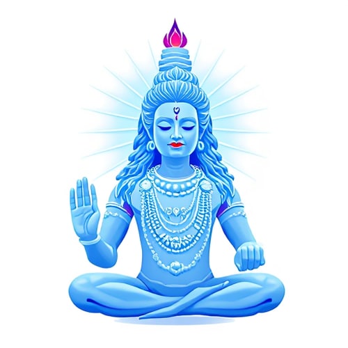 AI Design for The light-Blue coloured bodied Shiva is meditating. We only see him from the throat up. From the pit of his throat, a blue coloured energy shoots up travelling through his mid point in the forehead, the place between the eyebrows and slowly travels to his head to the top of his head. Also known as the crown chakra. As the shards of energy travel to the top of his head, the colour of the energy slowly turns from blue to Purple and we see the closed eyes of Shiva slowly turning within himself as in the statue of the Adiyogi which is installed in Coimbatore.