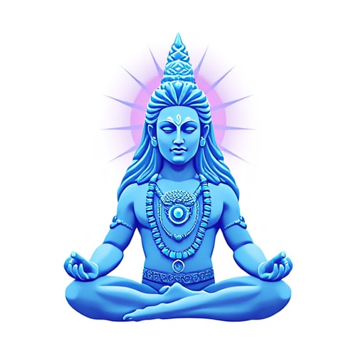 AI Design for The light-Blue coloured bodied Shiva is meditating. We only see him from the throat up. From the pit of his throat, a blue coloured energy shoots up travelling through his mid point in the forehead, the place between the eyebrows and slowly travels to his head to the top of his head. Also known as the crown chakra. As the shards of energy travel to the top of his head, the colour of the energy slowly turns from blue to Purple and we see the closed eyes of Shiva slowly turning within himself as in the statue of the Adiyogi which is installed in Coimbatore.
