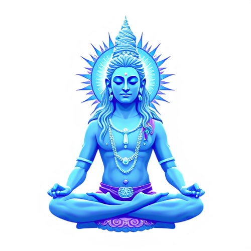 AI Design for The light-Blue coloured bodied Shiva is meditating. We only see him from the throat up. From the pit of his throat, a blue coloured energy shoots up travelling through his mid point in the forehead, the place between the eyebrows and slowly travels to his head to the top of his head. Also known as the crown chakra. As the shards of energy travel to the top of his head, the colour of the energy slowly turns from blue to Purple and we see the closed eyes of Shiva slowly turning within himself as in the statue of the Adiyogi which is installed in Coimbatore.
