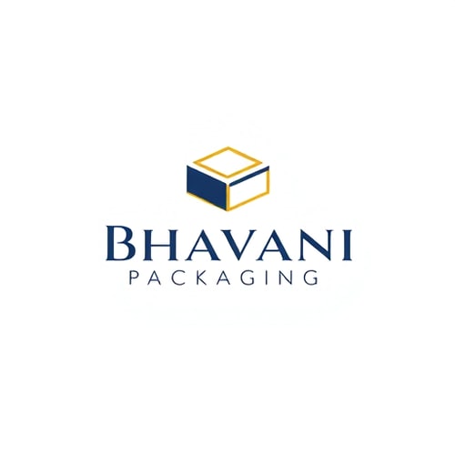 AI Design for Minimalist for a packaging design company named "Bhavani Packaging": A stylized "B" seamlessly integrated with a subtle outline of a box or a folded sheet, representing creation and structure. Clean, modern, and sophisticated. Navy blue and gold, with touches of crisp white. Sans-serif, geometric font, with slightly rounded edges. Art Deco influence for elegance and timelessness, combined with a modern, geometric sensibility. Abstract geometric shapes forming a clean and abstract symbol. White background.