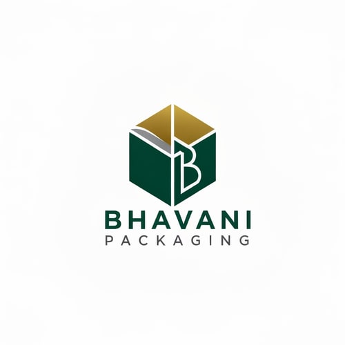 AI Design for Minimalist for a packaging design company named "Bhavani Packaging": Abstract representation of a folded box with a stylized "B" integrated into it, symbolizing creation and structure, Deep emerald green and sophisticated gold with subtle grey accents, Modern sans-serif with clean lines, Design with a focus on geometric precision and a hint of organic flow, Sharp edges transitioning into smooth curves, Solid white background.