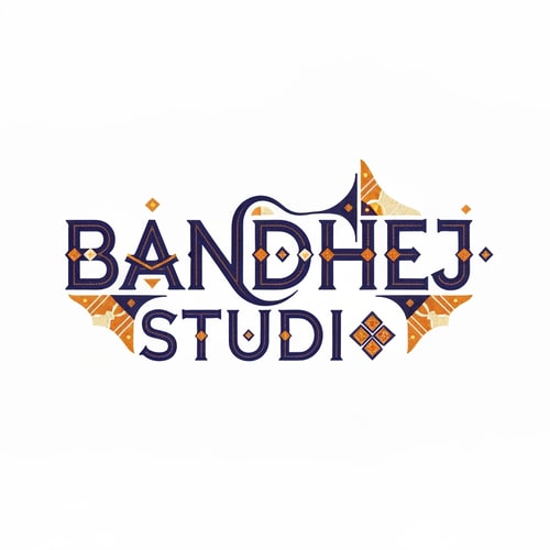 AI Design for Wordmark logo for a sari shop named "BANDHEJ STUDIO": featuring intricate, flowing typography that evokes the artistry of bandhej dyeing, paired with subtle geometric motifs inspired by traditional Indian patterns. Color palette of deep indigo, saffron, and gold, with accents of cream. Typography should be elegant and slightly calligraphic. Design with a focus on heritage and luxury, with a modern, sophisticated visual execution. Incorporate subtle textures that mimic woven fabric. White background.