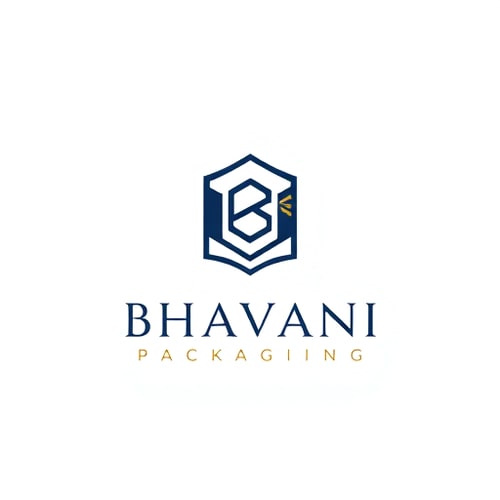 AI Design for Minimalist for a packaging design company named "Bhavani Packaging": A stylized "B" seamlessly integrated with a subtle outline of a box or a folded sheet, representing creation and structure. Clean, modern, and sophisticated. Navy blue and gold, with touches of crisp white. Sans-serif, geometric font, with slightly rounded edges. Art Deco influence for elegance and timelessness, combined with a modern, geometric sensibility. Abstract geometric shapes forming a clean and abstract symbol. White background.