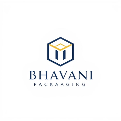AI Design for Minimalist for a packaging design company named "Bhavani Packaging": A stylized "B" seamlessly integrated with a subtle outline of a box or a folded sheet, representing creation and structure. Clean, modern, and sophisticated. Navy blue and gold, with touches of crisp white. Sans-serif, geometric font, with slightly rounded edges. Art Deco influence for elegance and timelessness, combined with a modern, geometric sensibility. Abstract geometric shapes forming a clean and abstract symbol. White background.