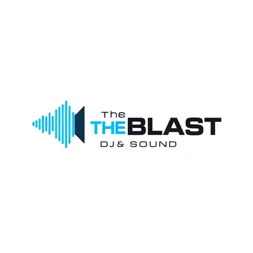 AI Design for Minimalist logo for a DJ and sound company named "The Blast DJ & Sound": a stylized sound wave emanating from a clean, geometric speaker cone, suggesting powerful audio and dynamic energy, electric blue and deep black, a bold sans-serif font with sharp edges, inspired by modern electronic music visuals and retro futurism, clean lines and subtle gradients for depth, white background.
