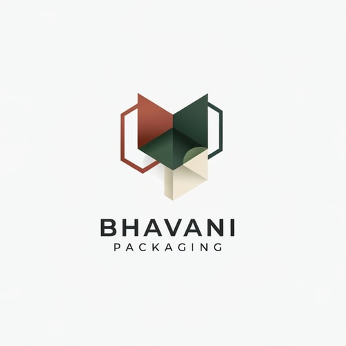AI Design for Minimalist for a modern and reliable packaging design company named "Bhavani Packaging": Abstract representation of interconnected packaging elements, muted earthy tones (terracotta, deep green, cream), clean sans-serif font. Design inspired by geometric patterns and functional aesthetics, with sharp lines and subtle gradients, on a plain white background.