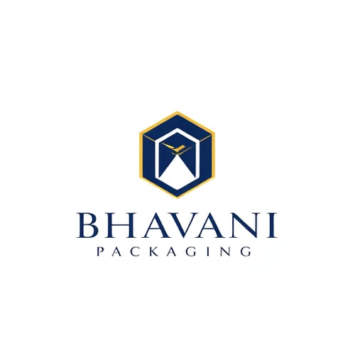 AI Design for Minimalist for a packaging design company named "Bhavani Packaging": A stylized "B" seamlessly integrated with a subtle outline of a box or a folded sheet, representing creation and structure. Clean, modern, and sophisticated. Navy blue and gold, with touches of crisp white. Sans-serif, geometric font, with slightly rounded edges. Art Deco influence for elegance and timelessness, combined with a modern, geometric sensibility. Abstract geometric shapes forming a clean and abstract symbol. White background.
