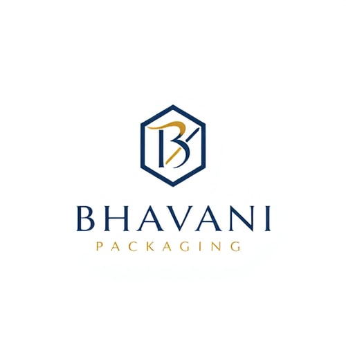 AI Design for Minimalist for a packaging design company named "Bhavani Packaging": A stylized "B" seamlessly integrated with a subtle outline of a box or a folded sheet, representing creation and structure. Clean, modern, and sophisticated. Navy blue and gold, with touches of crisp white. Sans-serif, geometric font, with slightly rounded edges. Art Deco influence for elegance and timelessness, combined with a modern, geometric sensibility. Abstract geometric shapes forming a clean and abstract symbol. White background.