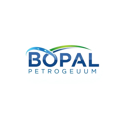 AI Design for Minimalist logo for a petrochemical company named "Bopal Petroleum": Abstract flowing lines representing oil and gas, blues and greens with accents of metallic silver, modern sans-serif font with subtle gradients. Design inspired by fluid dynamics and natural energy, sharp edges softening into smooth curves, with a clean white background.