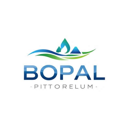 AI Design for Minimalist logo for a petrochemical company named "Bopal Petroleum": Abstract flowing lines representing oil and gas, blues and greens with accents of metallic silver, modern sans-serif font with subtle gradients. Design inspired by fluid dynamics and natural energy, sharp edges softening into smooth curves, with a clean white background.