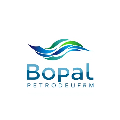 AI Design for Minimalist for a petrochemical company named "Bopal Petroleum": Abstract flowing lines representing oil and gas, blues and greens with accents of metallic silver, modern sans-serif font with subtle gradients. Design inspired by fluid dynamics and natural energy, sharp edges softening into smooth curves, with a clean white background.