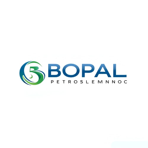 AI Design for Minimalist for a petrochemical company named "Bopal Petroleum": Abstract flowing lines representing oil and gas, blues and greens with accents of metallic silver, modern sans-serif font with subtle gradients. Design inspired by fluid dynamics and natural energy, sharp edges softening into smooth curves, with a clean white background.