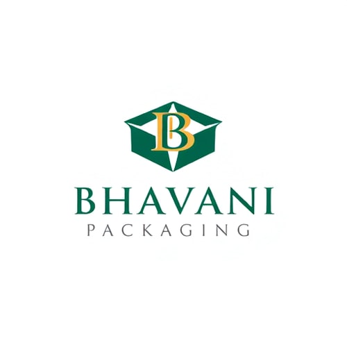 AI Design for Minimalist for a packaging design company named "Bhavani Packaging": Abstract representation of a folded box with a stylized "B" integrated into it, symbolizing creation and structure, Deep emerald green and sophisticated gold with subtle grey accents, Modern sans-serif with clean lines, Design with a focus on geometric precision and a hint of organic flow, Sharp edges transitioning into smooth curves, Solid white background.