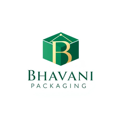 AI Design for Minimalist for a packaging design company named "Bhavani Packaging": Abstract representation of a folded box with a stylized "B" integrated into it, symbolizing creation and structure, Deep emerald green and sophisticated gold with subtle grey accents, Modern sans-serif with clean lines, Design with a focus on geometric precision and a hint of organic flow, Sharp edges transitioning into smooth curves, Solid white background.