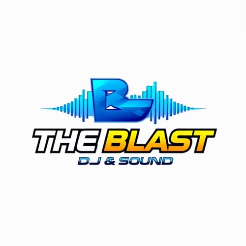AI Design for a high-energy DJ and sound company named "The Blast DJ & Sound": Abstract sound wave forming a stylized 'B' or 'S', vibrant electric blue and sharp yellow, bold sans-serif font with subtle angular cuts. Design with a modern, futuristic influence and a sleek, dynamic style direction, incorporating subtle glowing effects on the sound wave, and a clean, solid background.