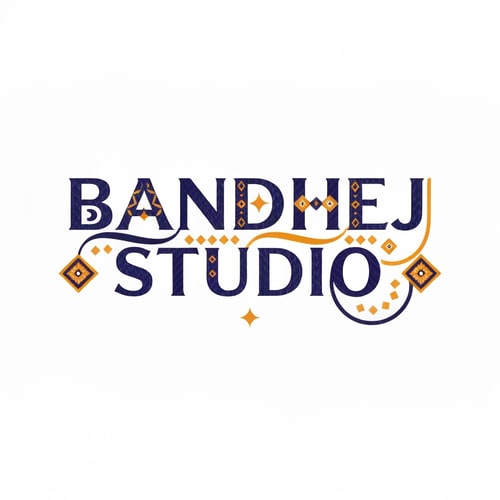 AI Design for Wordmark logo for a sari shop named "BANDHEJ STUDIO": featuring intricate, flowing typography that evokes the artistry of bandhej dyeing, paired with subtle geometric motifs inspired by traditional Indian patterns. Color palette of deep indigo, saffron, and gold, with accents of cream. Typography should be elegant and slightly calligraphic. Design with a focus on heritage and luxury, with a modern, sophisticated visual execution. Incorporate subtle textures that mimic woven fabric. White background.