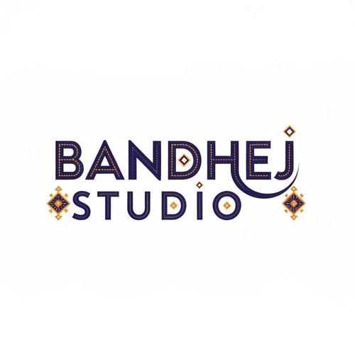 AI Design for Wordmark logo for a sari shop named "BANDHEJ STUDIO": featuring intricate, flowing typography that evokes the artistry of bandhej dyeing, paired with subtle geometric motifs inspired by traditional Indian patterns. Color palette of deep indigo, saffron, and gold, with accents of cream. Typography should be elegant and slightly calligraphic. Design with a focus on heritage and luxury, with a modern, sophisticated visual execution. Incorporate subtle textures that mimic woven fabric. White background.
