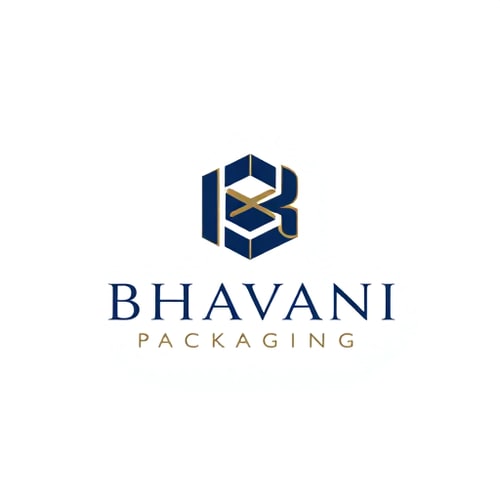 AI Design for Minimalist for a packaging design company named "Bhavani Packaging": A stylized "B" seamlessly integrated with a subtle outline of a box or a folded sheet, representing creation and structure. Clean, modern, and sophisticated. Navy blue and gold, with touches of crisp white. Sans-serif, geometric font, with slightly rounded edges. Art Deco influence for elegance and timelessness, combined with a modern, geometric sensibility. Abstract geometric shapes forming a clean and abstract symbol. White background.