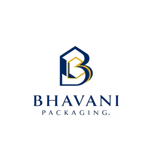 AI Design for Minimalist for a packaging design company named "Bhavani Packaging": A stylized "B" seamlessly integrated with a subtle outline of a box or a folded sheet, representing creation and structure. Clean, modern, and sophisticated. Navy blue and gold, with touches of crisp white. Sans-serif, geometric font, with slightly rounded edges. Art Deco influence for elegance and timelessness, combined with a modern, geometric sensibility. Abstract geometric shapes forming a clean and abstract symbol. White background.