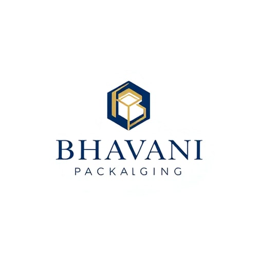 AI Design for Minimalist for a packaging design company named "Bhavani Packaging": A stylized "B" seamlessly integrated with a subtle outline of a box or a folded sheet, representing creation and structure. Clean, modern, and sophisticated. Navy blue and gold, with touches of crisp white. Sans-serif, geometric font, with slightly rounded edges. Art Deco influence for elegance and timelessness, combined with a modern, geometric sensibility. Abstract geometric shapes forming a clean and abstract symbol. White background.