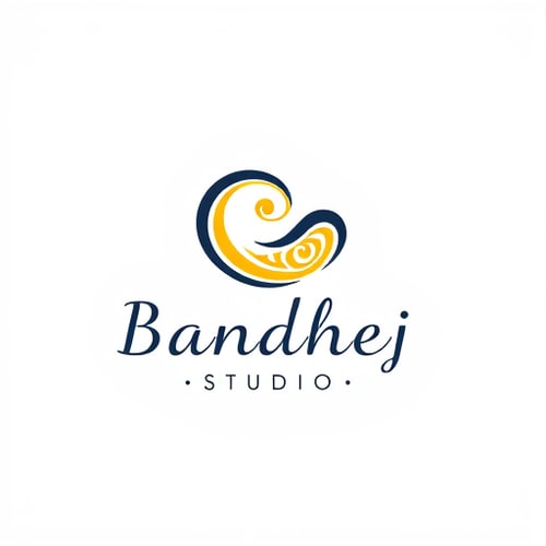 AI Design for Minimalist logo for a sari design company named "Bandhej Studio": Abstract representation of a paisley motif in a fluid, flowing form, symbolizing the drape of a sari and the intricate patterns of bandhej art. Color palette: Deep indigo, saffron yellow, and ivory white, evoking traditional Indian textiles and natural dyes. Typography: Elegant, hand-drawn script for "Bandhej Studio," with a slightly more modern sans-serif for "Studio." Design with an influence of traditional Indian block printing and contemporary art. Visual execution: Clean lines, subtle gradients, and a sense of organic movement. Background type: Clean white.