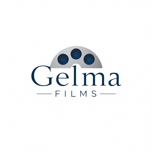 AI Design for Pictorial for a film production company named "Gelma Films": A stylized film reel with subtle, abstract light flares, a sophisticated palette of deep blues, golds, and muted grays, and a modern, elegant sans-serif typeface. Design with a cinematic and artistic influence, focusing on a clean, memorable, and impactful visual execution, on a subtle textured background.
