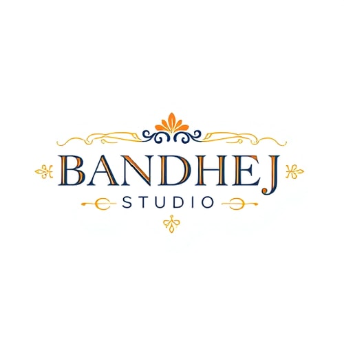 AI Design for Wordmark logo for a sari shop named "BANDHEJ STUDIO": featuring intricate, flowing typography that evokes the artistry of bandhej dyeing, paired with subtle geometric motifs inspired by traditional Indian patterns. Color palette of deep indigo, saffron, and gold, with accents of cream. Typography should be elegant and slightly calligraphic. Design with a focus on heritage and luxury, with a modern, sophisticated visual execution. Incorporate subtle textures that mimic woven fabric. White background.