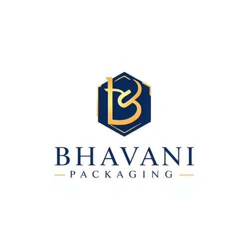 AI Design for Minimalist for a packaging design company named "Bhavani Packaging": A stylized "B" seamlessly integrated with a subtle outline of a box or a folded sheet, representing creation and structure. Clean, modern, and sophisticated. Navy blue and gold, with touches of crisp white. Sans-serif, geometric font, with slightly rounded edges. Art Deco influence for elegance and timelessness, combined with a modern, geometric sensibility. Abstract geometric shapes forming a clean and abstract symbol. White background.