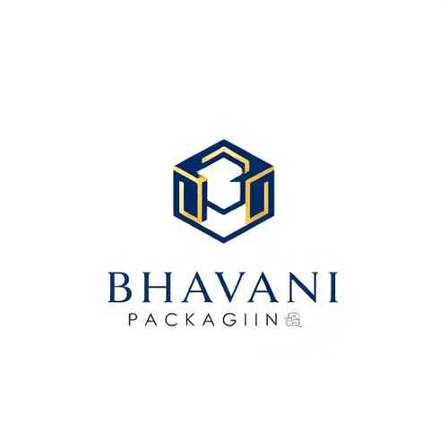 AI Design for Minimalist for a packaging design company named "Bhavani Packaging": A stylized "B" seamlessly integrated with a subtle outline of a box or a folded sheet, representing creation and structure. Clean, modern, and sophisticated. Navy blue and gold, with touches of crisp white. Sans-serif, geometric font, with slightly rounded edges. Art Deco influence for elegance and timelessness, combined with a modern, geometric sensibility. Abstract geometric shapes forming a clean and abstract symbol. White background.
