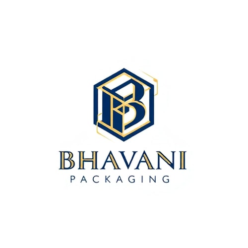 AI Design for Minimalist for a packaging design company named "Bhavani Packaging": A stylized "B" seamlessly integrated with a subtle outline of a box or a folded sheet, representing creation and structure. Clean, modern, and sophisticated. Navy blue and gold, with touches of crisp white. Sans-serif, geometric font, with slightly rounded edges. Art Deco influence for elegance and timelessness, combined with a modern, geometric sensibility. Abstract geometric shapes forming a clean and abstract symbol. White background.