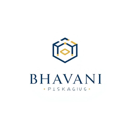 AI Design for Minimalist for a packaging design company named "Bhavani Packaging": A stylized "B" seamlessly integrated with a subtle outline of a box or a folded sheet, representing creation and structure. Clean, modern, and sophisticated. Navy blue and gold, with touches of crisp white. Sans-serif, geometric font, with slightly rounded edges. Art Deco influence for elegance and timelessness, combined with a modern, geometric sensibility. Abstract geometric shapes forming a clean and abstract symbol. White background.