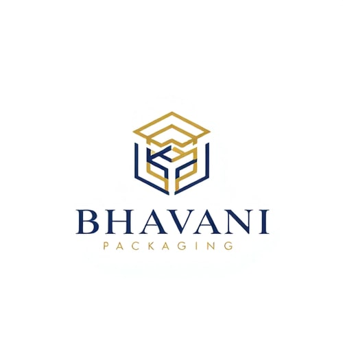 AI Design for Minimalist for a packaging design company named "Bhavani Packaging": A stylized "B" seamlessly integrated with a subtle outline of a box or a folded sheet, representing creation and structure. Clean, modern, and sophisticated. Navy blue and gold, with touches of crisp white. Sans-serif, geometric font, with slightly rounded edges. Art Deco influence for elegance and timelessness, combined with a modern, geometric sensibility. Abstract geometric shapes forming a clean and abstract symbol. White background.