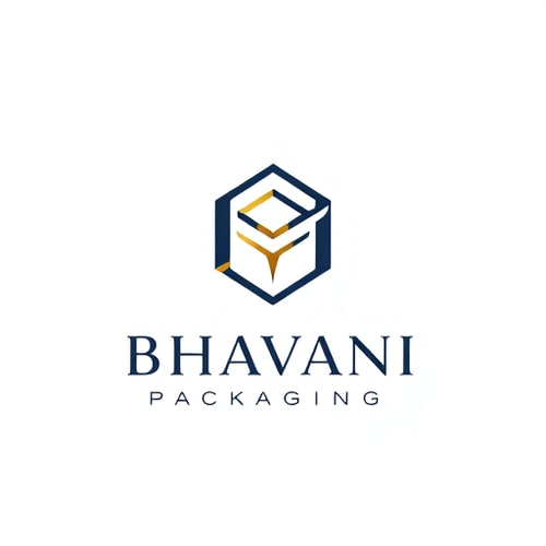 AI Design for Minimalist for a packaging design company named "Bhavani Packaging": A stylized "B" seamlessly integrated with a subtle outline of a box or a folded sheet, representing creation and structure. Clean, modern, and sophisticated. Navy blue and gold, with touches of crisp white. Sans-serif, geometric font, with slightly rounded edges. Art Deco influence for elegance and timelessness, combined with a modern, geometric sensibility. Abstract geometric shapes forming a clean and abstract symbol. White background.