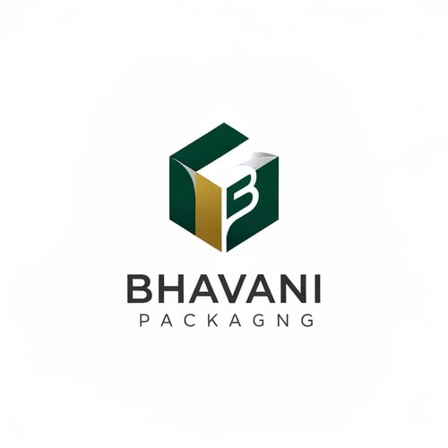 AI Design for Minimalist for a packaging design company named "Bhavani Packaging": Abstract representation of a folded box with a stylized "B" integrated into it, symbolizing creation and structure, Deep emerald green and sophisticated gold with subtle grey accents, Modern sans-serif with clean lines, Design with a focus on geometric precision and a hint of organic flow, Sharp edges transitioning into smooth curves, Solid white background.