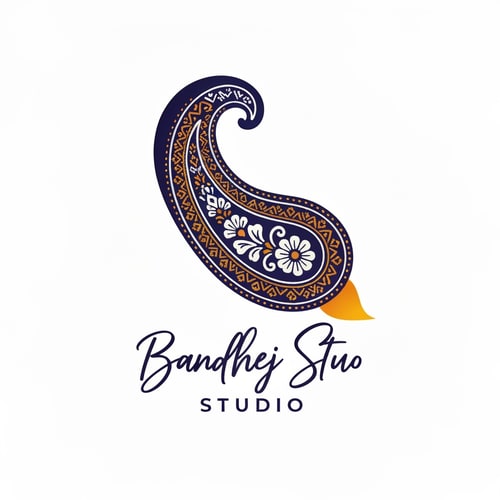 AI Design for Minimalist logo for a sari design company named "Bandhej Studio": Abstract representation of a paisley motif in a fluid, flowing form, symbolizing the drape of a sari and the intricate patterns of bandhej art. Color palette: Deep indigo, saffron yellow, and ivory white, evoking traditional Indian textiles and natural dyes. Typography: Elegant, hand-drawn script for "Bandhej Studio," with a slightly more modern sans-serif for "Studio." Design with an influence of traditional Indian block printing and contemporary art. Visual execution: Clean lines, subtle gradients, and a sense of organic movement. Background type: Clean white.